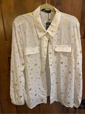 Allegra K White Blouse with Gold Star Print